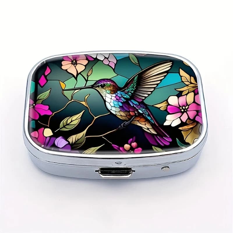 Single-piece, flat hummingbird print glass-style storage box, portable square organizer with compartments, portable wallet travel storage bag, used for storing vitamins and supplements, unique travel storage solution
