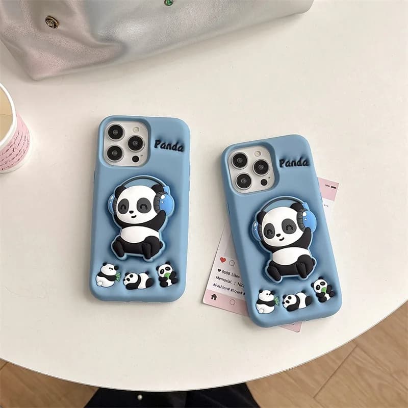 Custodia per telefono con staffa telescopica in silicone morbido per auricolare Panda per iPhone 15 14 16 13 12 Pro Max Custodia protettiva antiurto