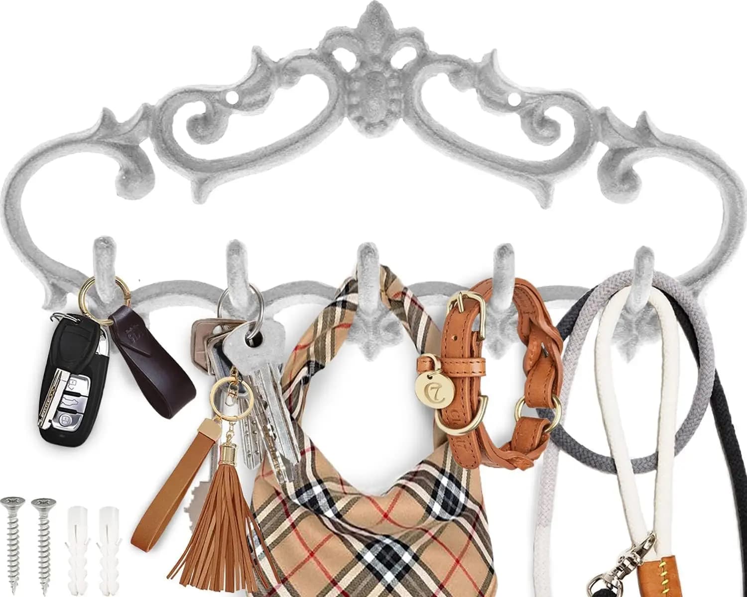 Cast Iron Wall Hanger with 5 Hooks – Rustic White – Heavy Duty for Keys, Towels, Clothes