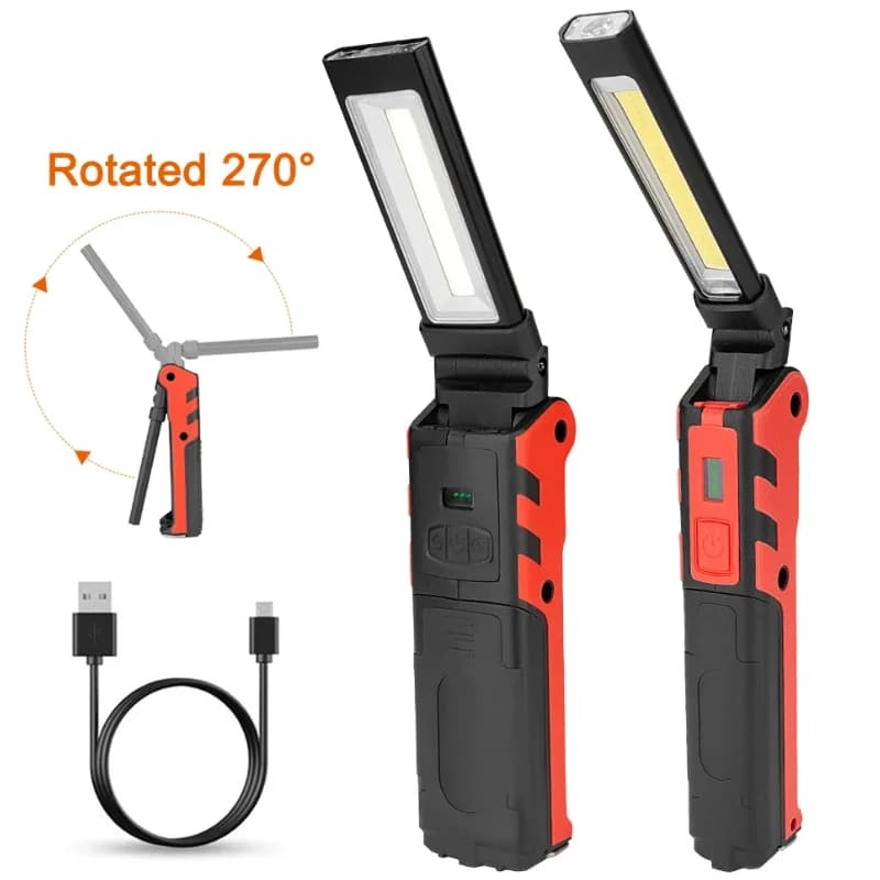 Lampada da lavoro a LED COB dimmerabile Lampada da ispezione con torcia pieghevole ricaricabile tramite USB con gancio magnetico Power Bank