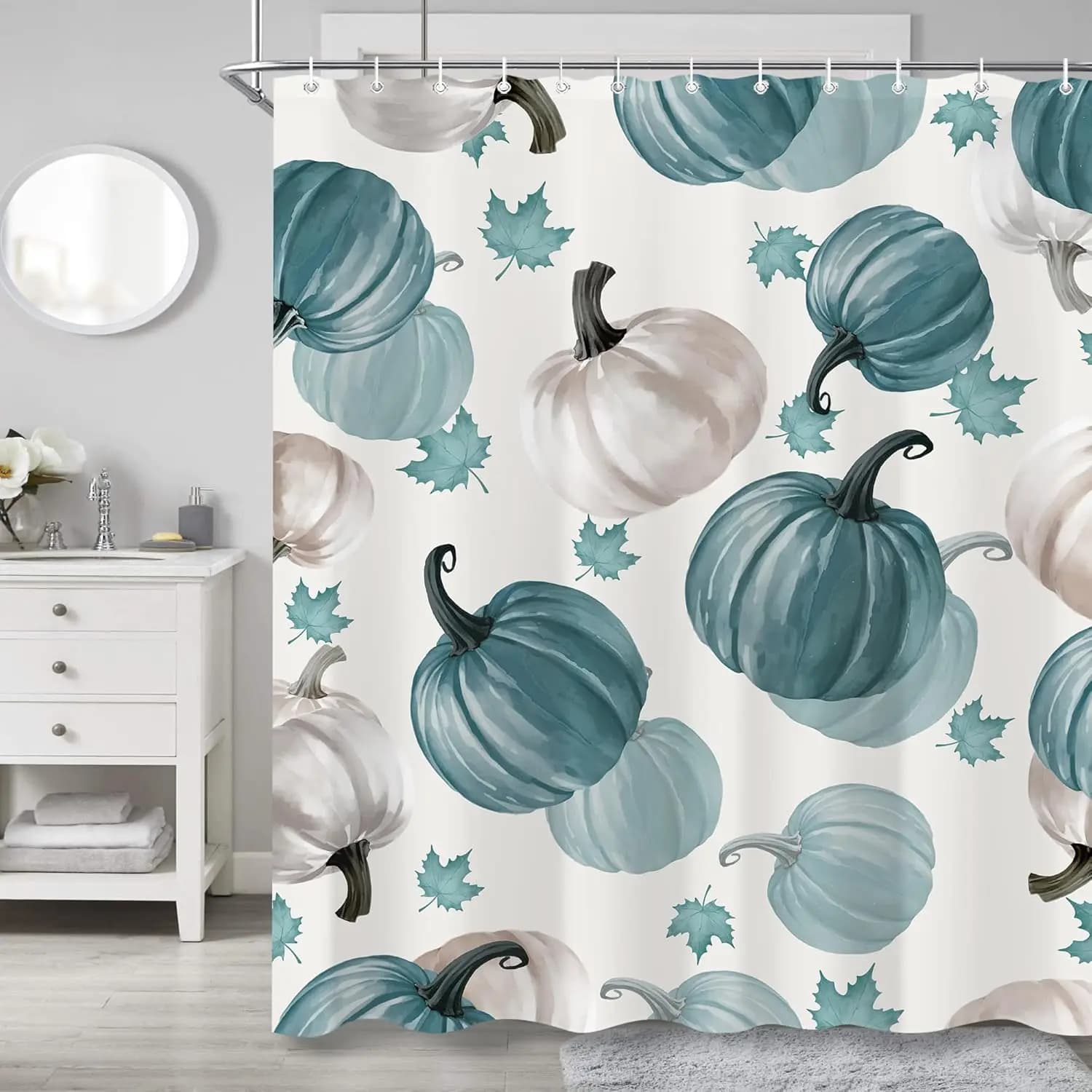 Tenda da doccia bianca verde acqua per bagno Autunno Autunno Ringraziamento Raccolto Decorazione per tenda da bagno