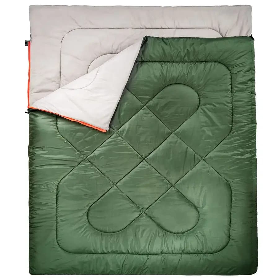 Sleeping bag for two people per cold climate 40F, for outdoor camping, size Queen XL, 87 x 59, olive green