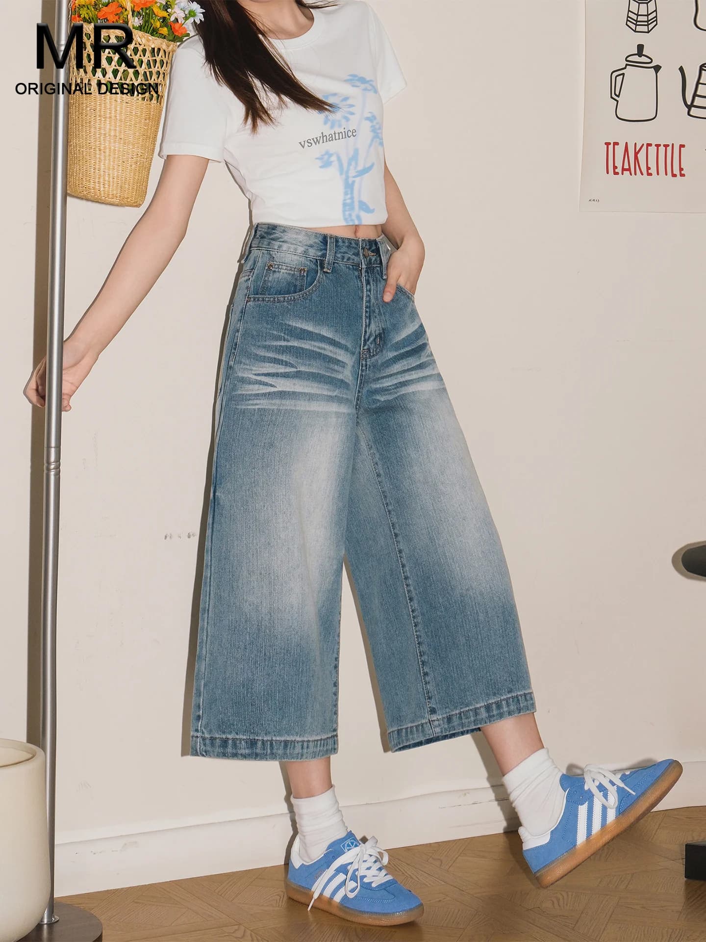 American Style High Waist Blue Washed Denim Jeans Women's Summer New Loose Wide Leg Casual Trousers Seven-Foot Length