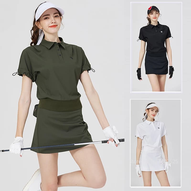 Blktee Abiti da golf da donna Top a maniche corte Camicia POLO ampia elastica e traspirante Gonna da tennis foderata da donna Gonne da golf con borsa