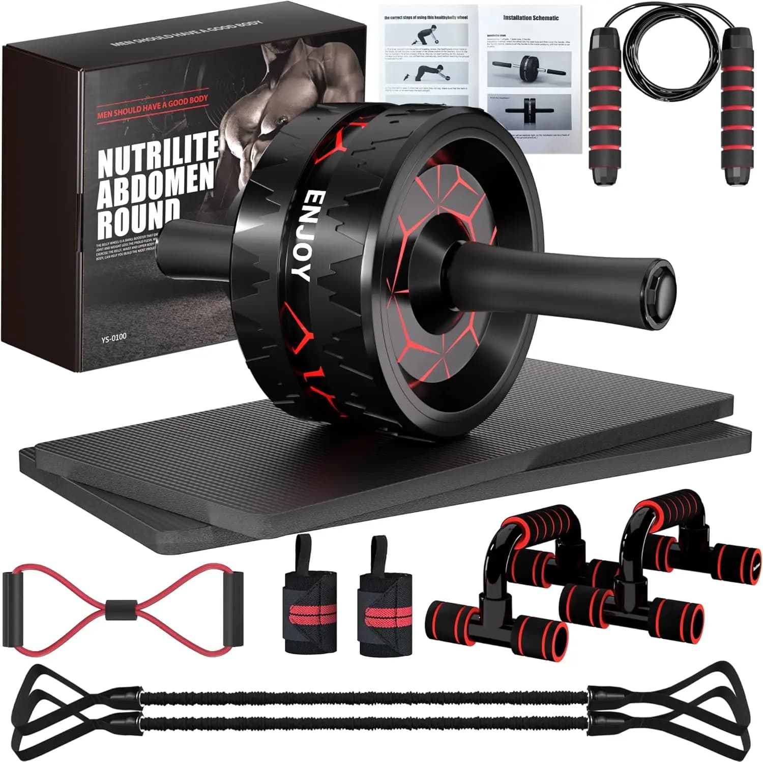 Wheel Kit for Abdominals with Resistance Bands, Knee Mat, Jumping Wheel and Body Spinning Bar