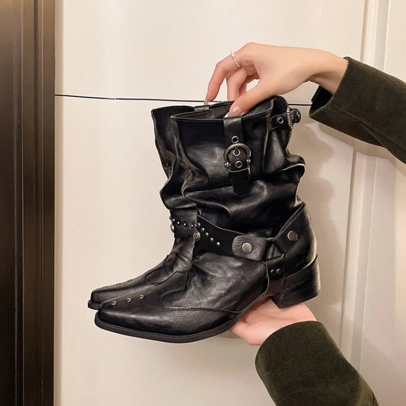 Y2k Motorbike Mid-calf Boots Retro PU Pointed Toe Low Heel Denim Style Boots Studded Women's Mid-calf Boots Street Fashion Boots