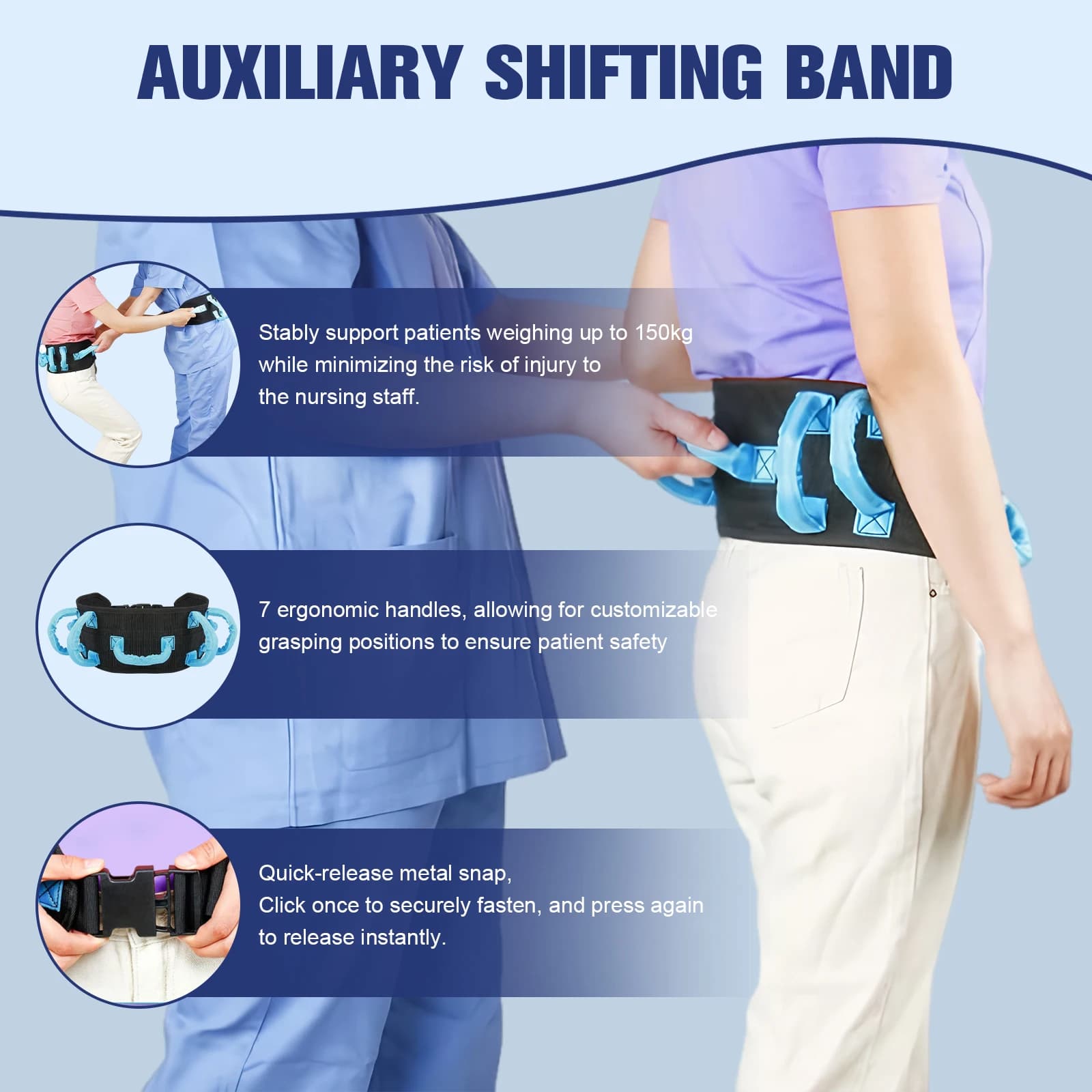 Metal Buckle Safety Gait Belt with Handles Rehabilitation Assistive Device Adjustable Recovery Training Belt for Lifting Seniors