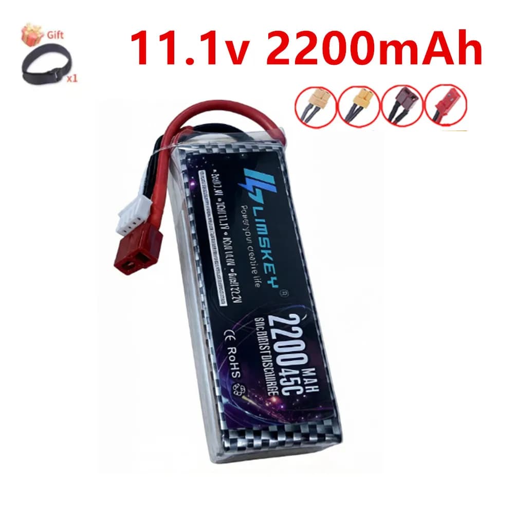 Batteria LiPo 11.1V 2200mAh 3S 45C con Connettore T/XT30/XT60 per Elicottero RC, Aeromodello, Quadricottero, Auto, Aereo