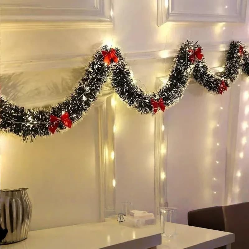LED Christmas Tinsel Garland Artificial DIY Christmas Garland With LED Lights Xmas Metallic Twist Hanging Garland Fireplace 2m
