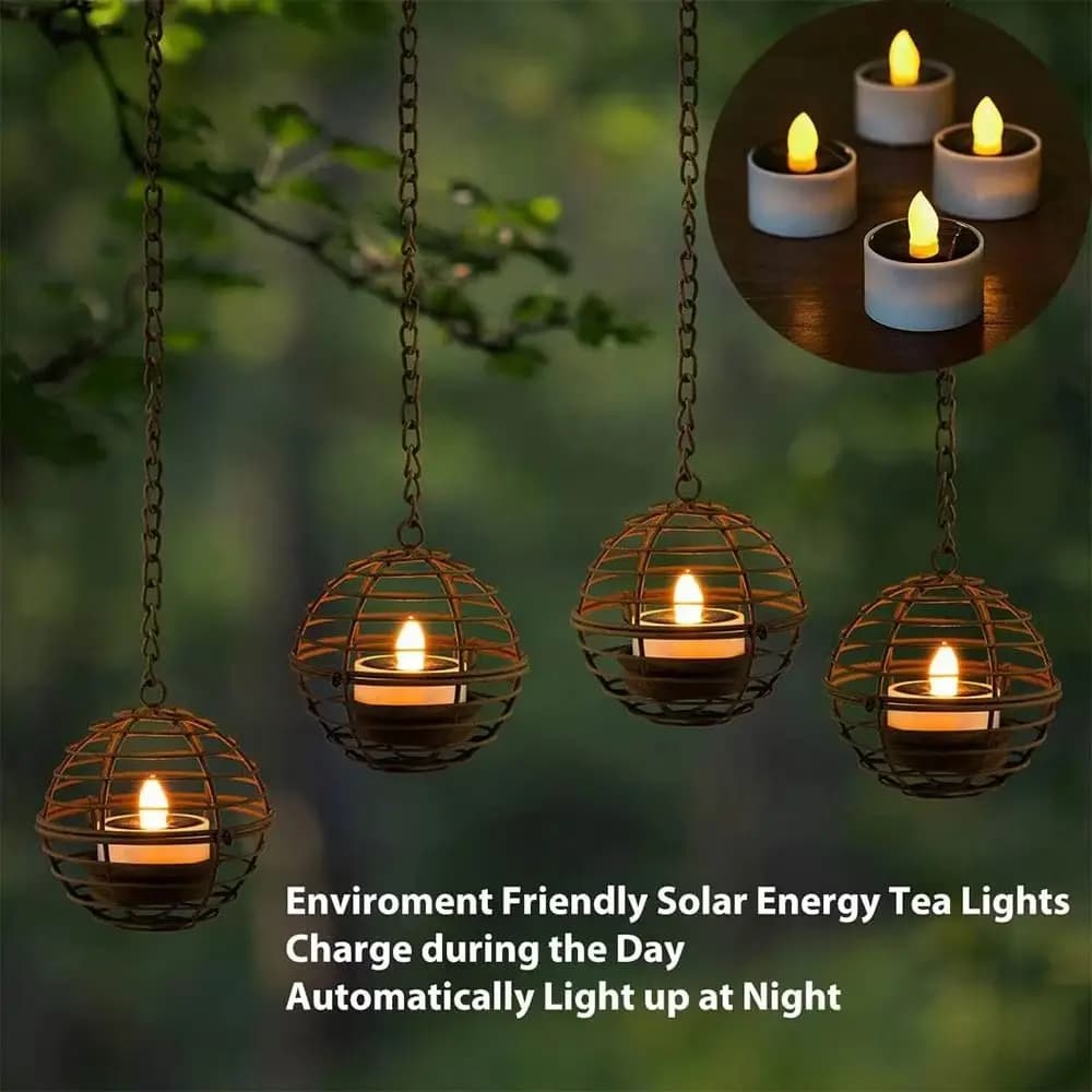 Flickering Lights Solar Hanging Lanterns Waterproof Ball Cage Design Rust Iron Ball Candle Holder Weather Resistant