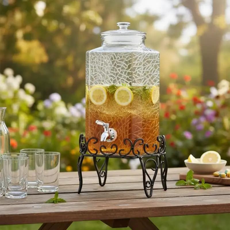 Glass Drink Crock 2.5 Gallon For Parties Gatherings Events, Metal Stand Spigot Iced Tea Lemonade Juice Water Cold Liquid Container Beverage Server