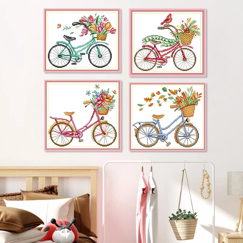 Kit Punto Croce Stampato Serie Bici Romantica, Modello 14CT 11CT, Set Ricamo Fai da Te su Tela, Kit Cucito e Ricamo