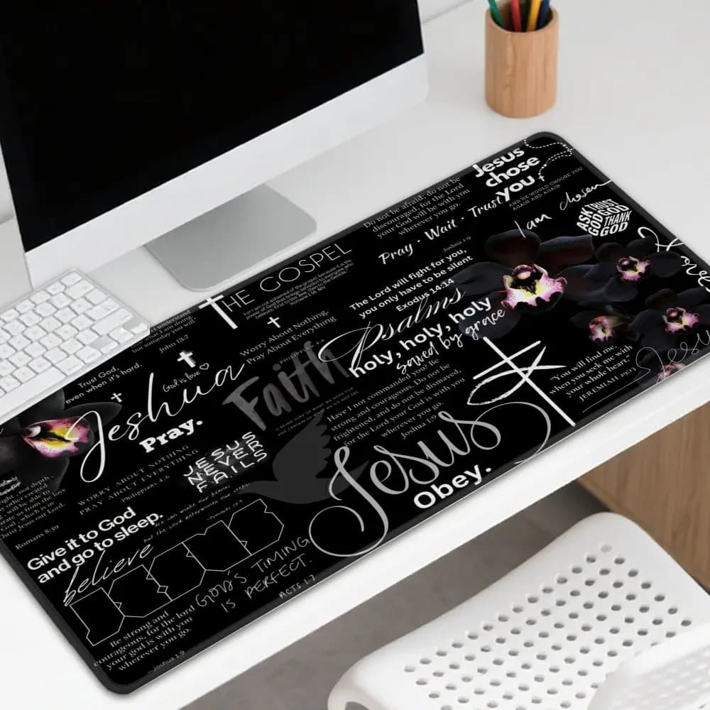 Tappetino per mouse con citazioni cristiane di Faith, Jesus Dove Cross Black Orchid, grande tappetino da scrivania per gaming in gomma