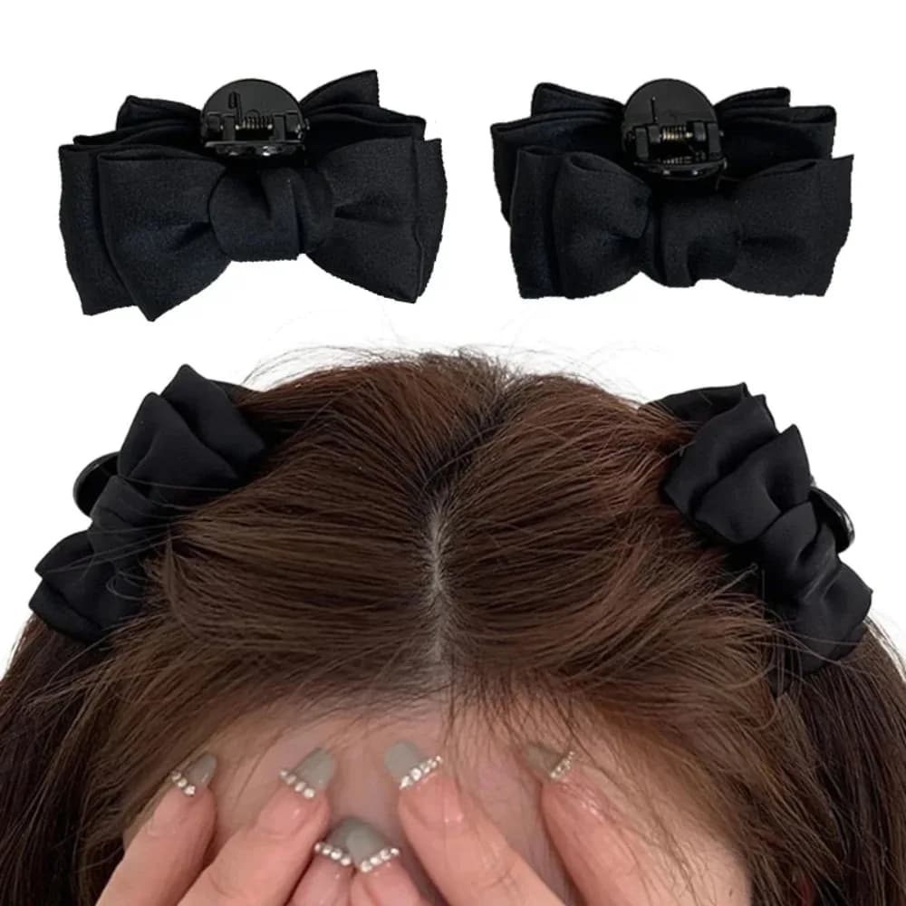 2pcs Women Small Black Bow Hair Claw Clip Princess Side Bangs Hair Head Grabs Accessories Forehead Decor for Daily Party Dating