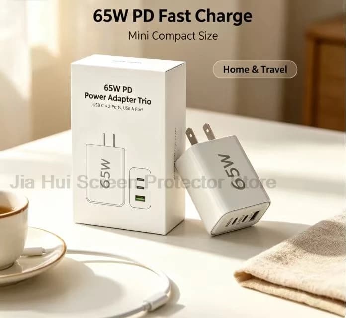 65W GaN Fast Charging Adapter US Plug Dual Output USB‑C USB‑A Safety Charger Compact Travel Power Block For Smartphone Laptop