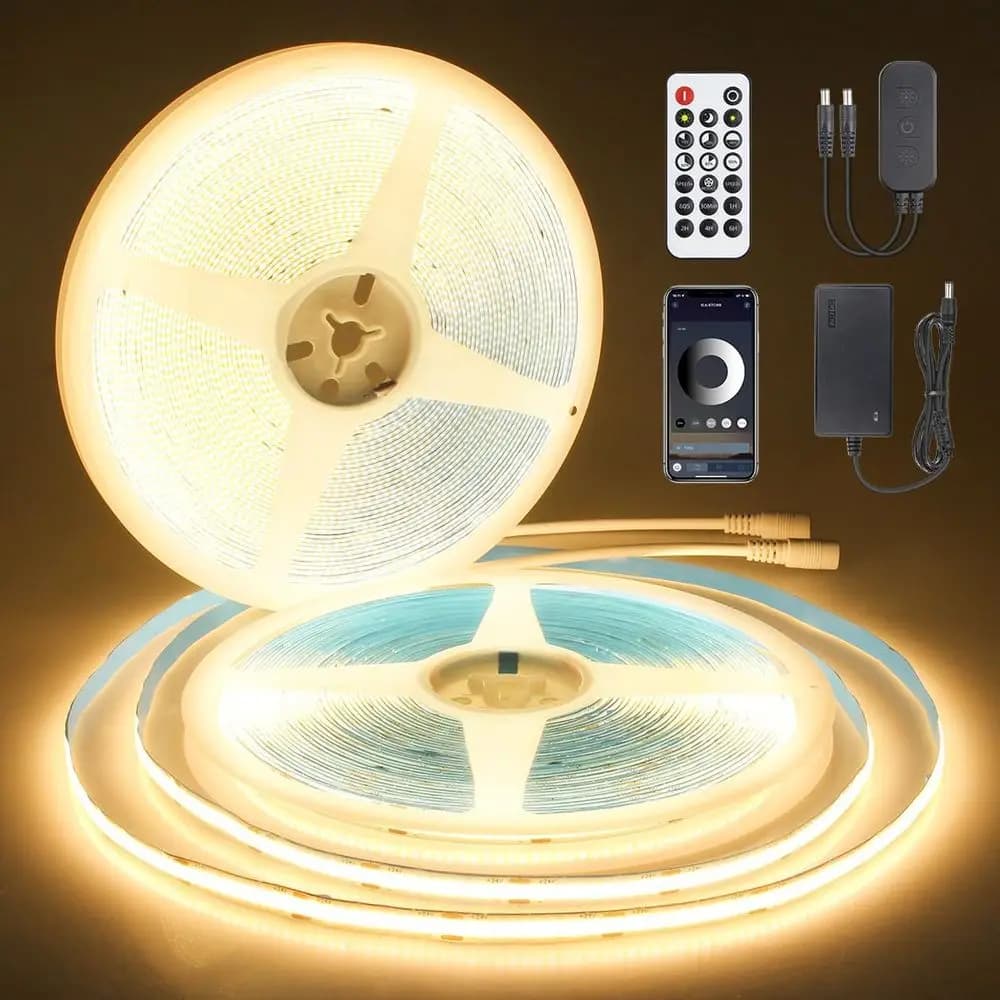 LED Strips COB 100T 3000K 24V Dimmable, Hot White Light with Remote Control App, Flexible Bright Tape for Bedroom