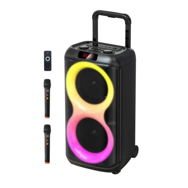 Large Bluetooth Speaker, Wireless Speaker with Wheels and Push Rod, Karaoke Machine with Two Microphones With Tws