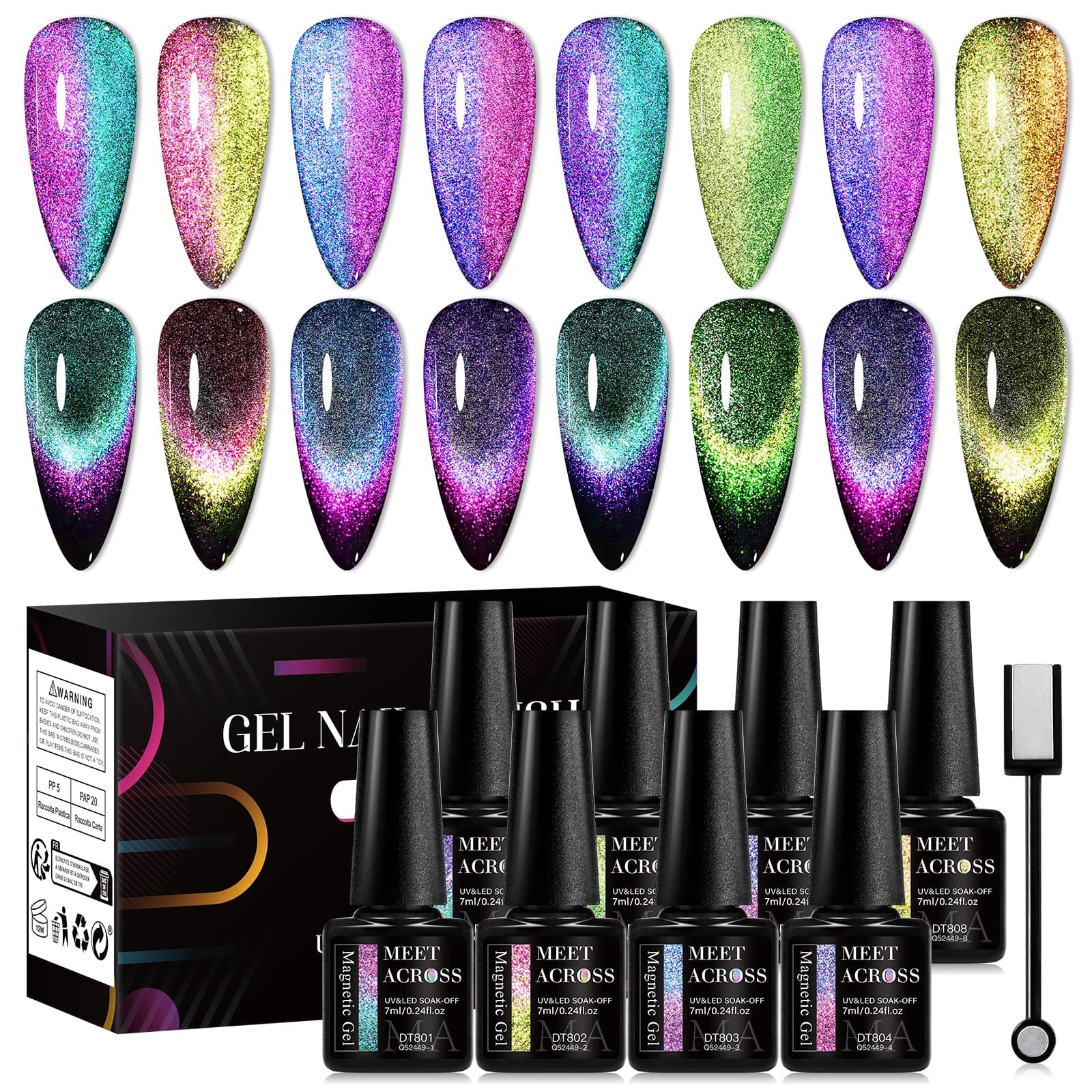 MEET ACROSS 8 Pz/set 9D Arcobaleno Gatto Smalto Gel Magnetico Con Bastone Magnetico E Scatola Soak Off Nail Art Gel Vernice Manicure