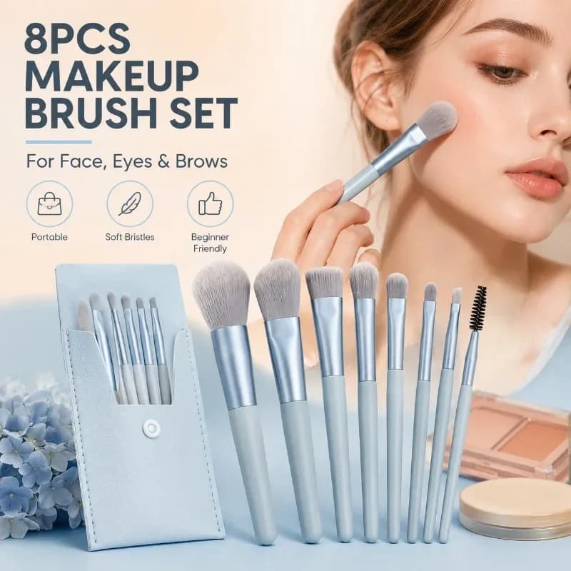 8Pcs Portable Makeup Brush Set Soft Synthetic Bristles for Face Eyes Blush Foundation Concealer Beginner Beauty Tools Kit