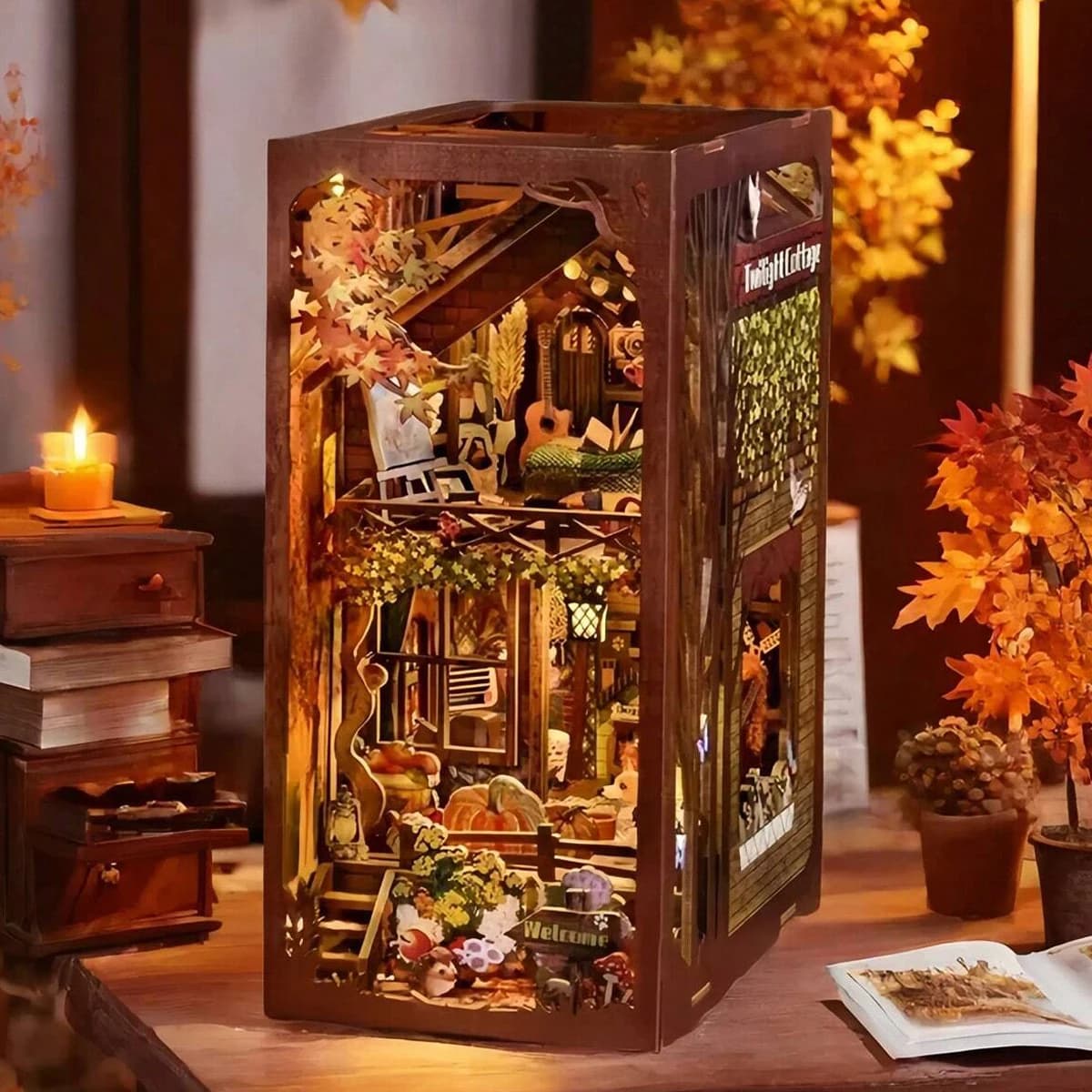 Bookshelf set 3D wooden puzzle decoration assembly building model DIY handmade toy mini set, wooden crafts birthday gift
