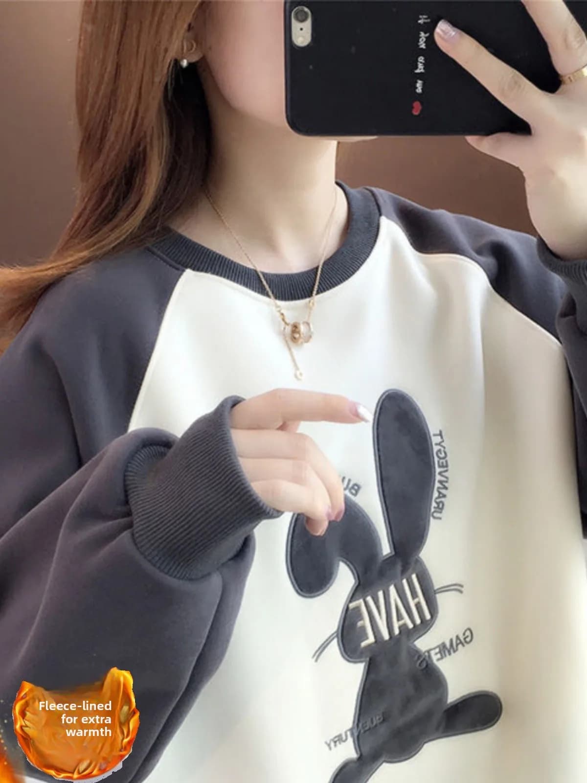 Harajuku Style Fleece Lined Rabbit Print Hoodie Spring Autumn Winter Women's Oversize Patchwork Sweatshirt Korean Commute Style