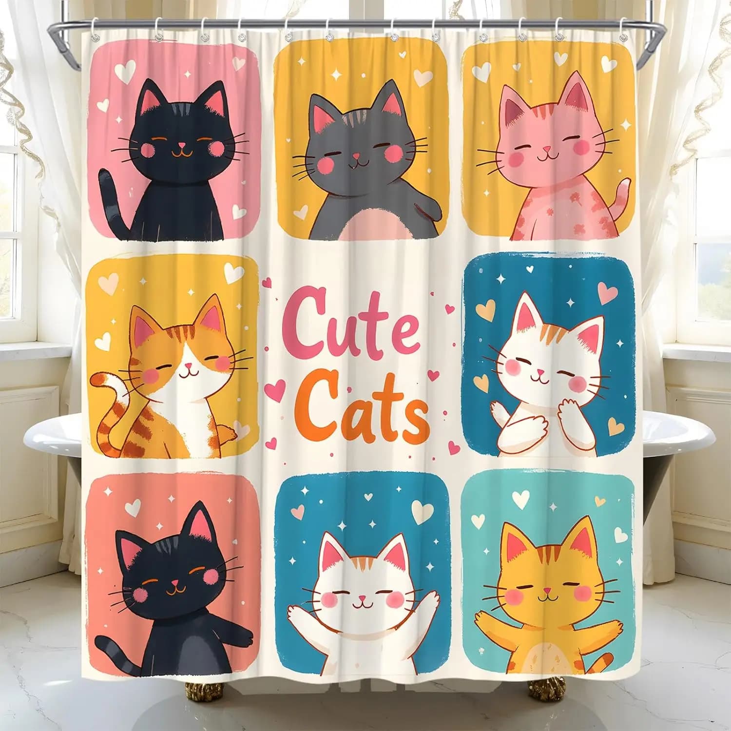 Tenda da doccia con gatti carini dei cartoni animati, illustrazioni di gatti colorati con cuori, tenda da bagno in tessuto impermeabile per un bagno allegro