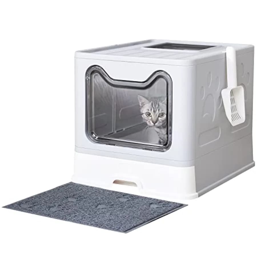 Large enclosed cat litter box with mat and scoop, gray, odor-proof & easy to clean for indoor cats