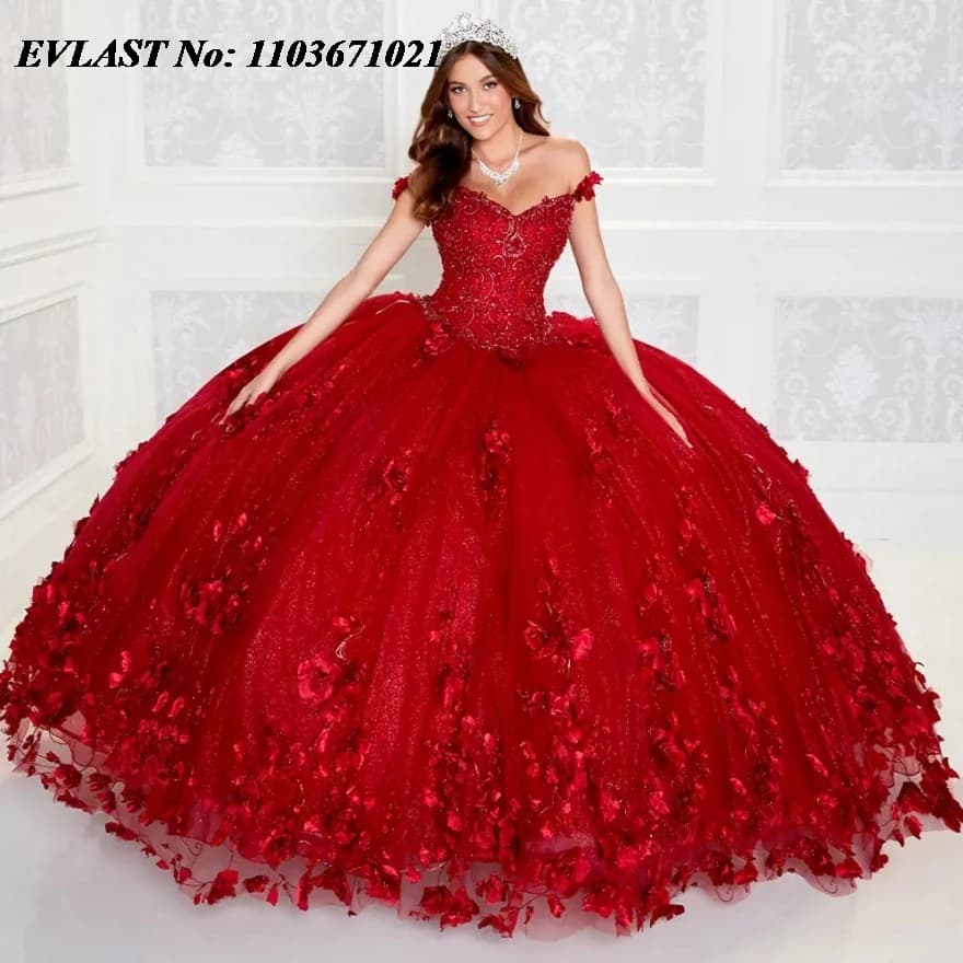 EVLAST Personalizzato Rosso Abito Quinceanera Abito di Sfera 3D Applique Floreale In Rilievo Mantello Arco Messico Dolce 16 Abiti Da 15 Anos SQ221