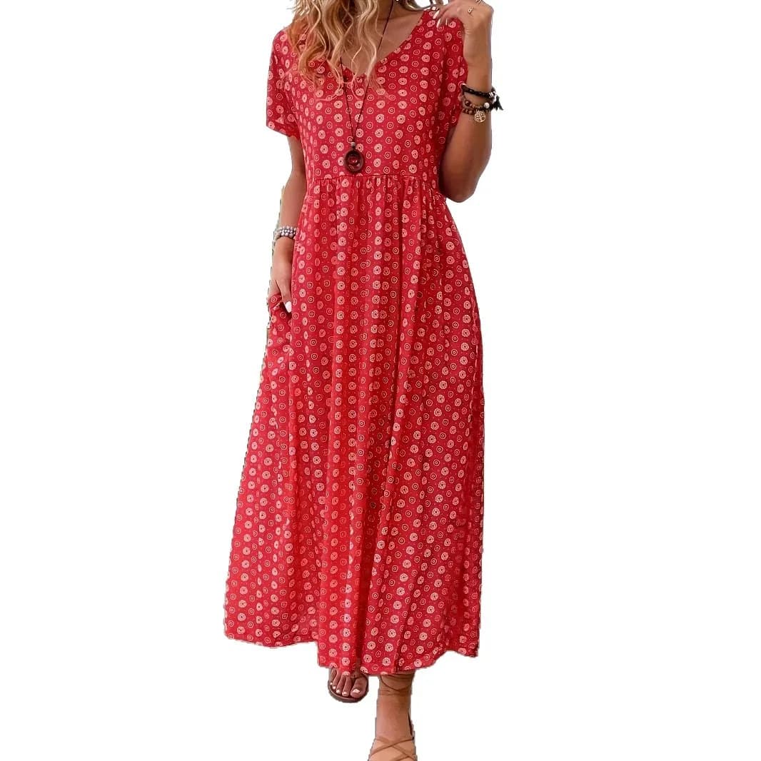 Women's Plus Size Dress Summer Hot Selling Fashion Personality Casual Red Polka Dot V-Neck Short Sleeve Long Dress