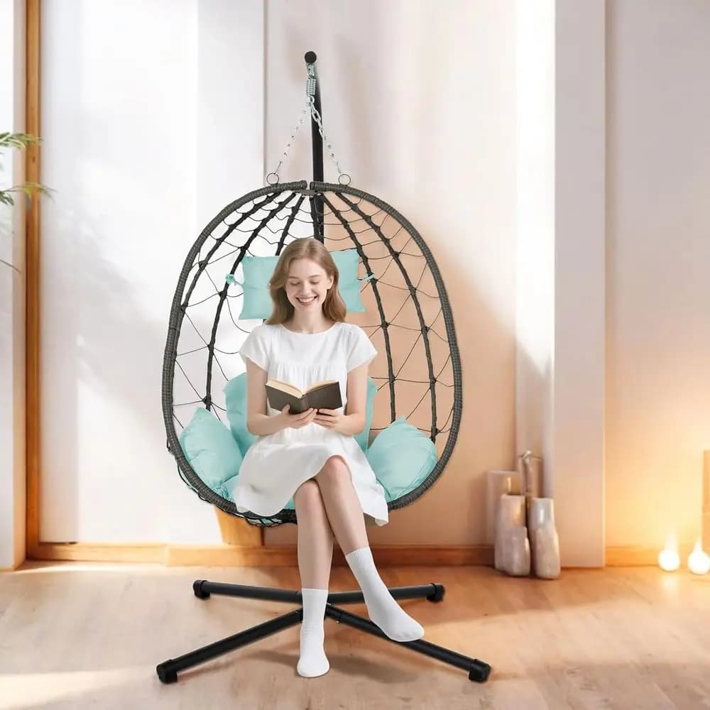Indoor/Outdoor Hanging Egg Chair with Stand, Patio Swing Hammock, UV-Resistant Cushions, 350lbs Capacity