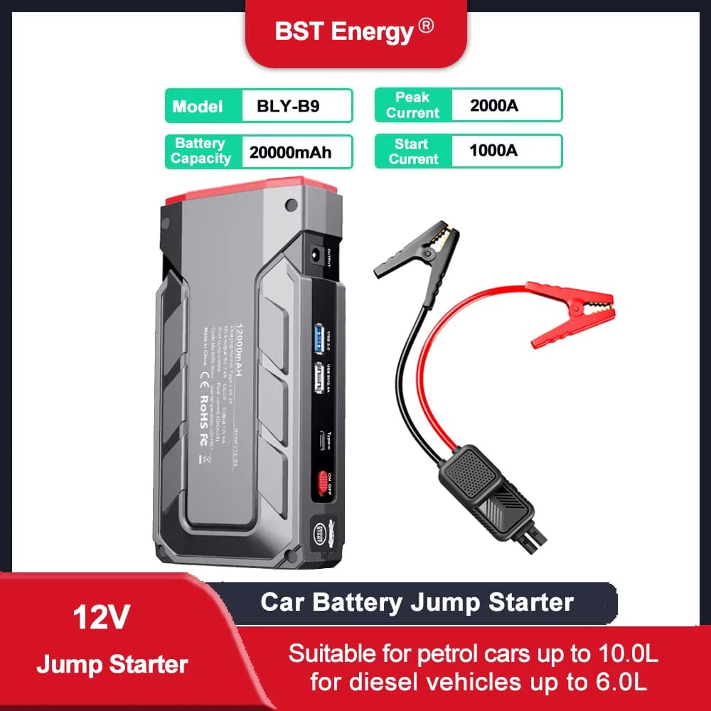 Batteria per auto 12V Booster di emergenza Avviatore di emergenza per auto Dispositivo di avviamento per banca di potere Avviamento per auto con SOS, POS, Torcia a LED, Bussola