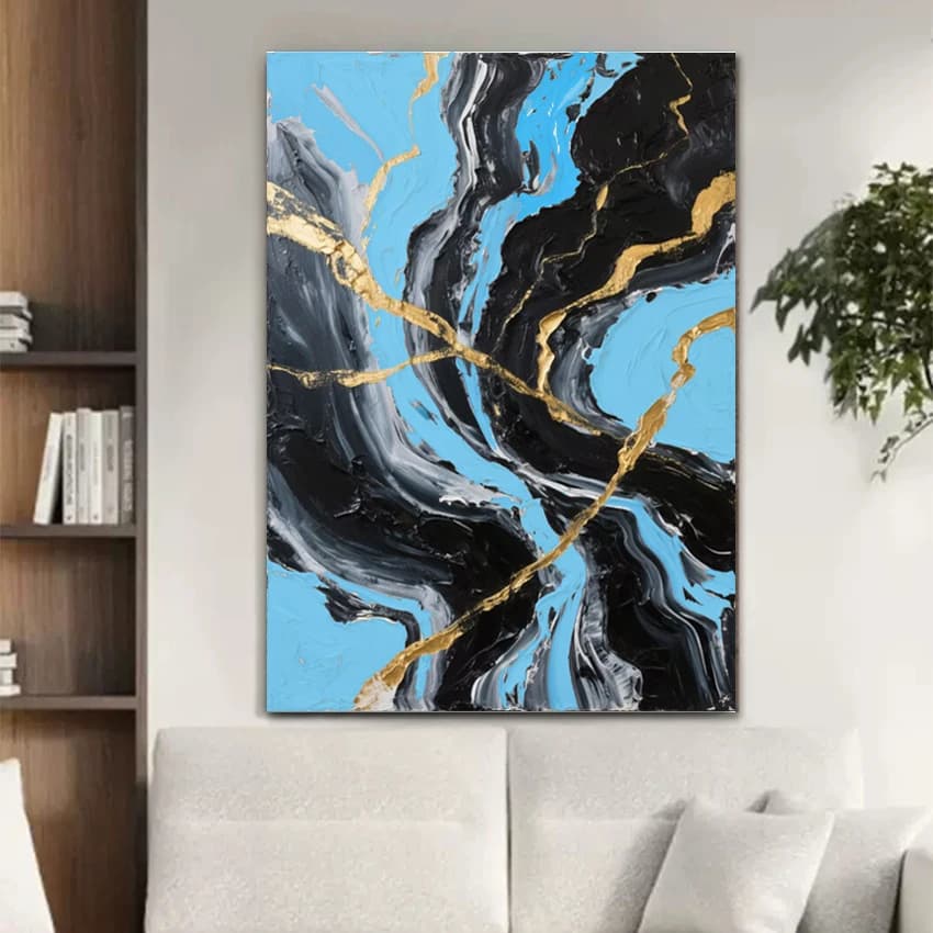 Abstract art walls, hand-made oil paintings on canvas, gold lamina textured decorations, office art works, frameless, living room image