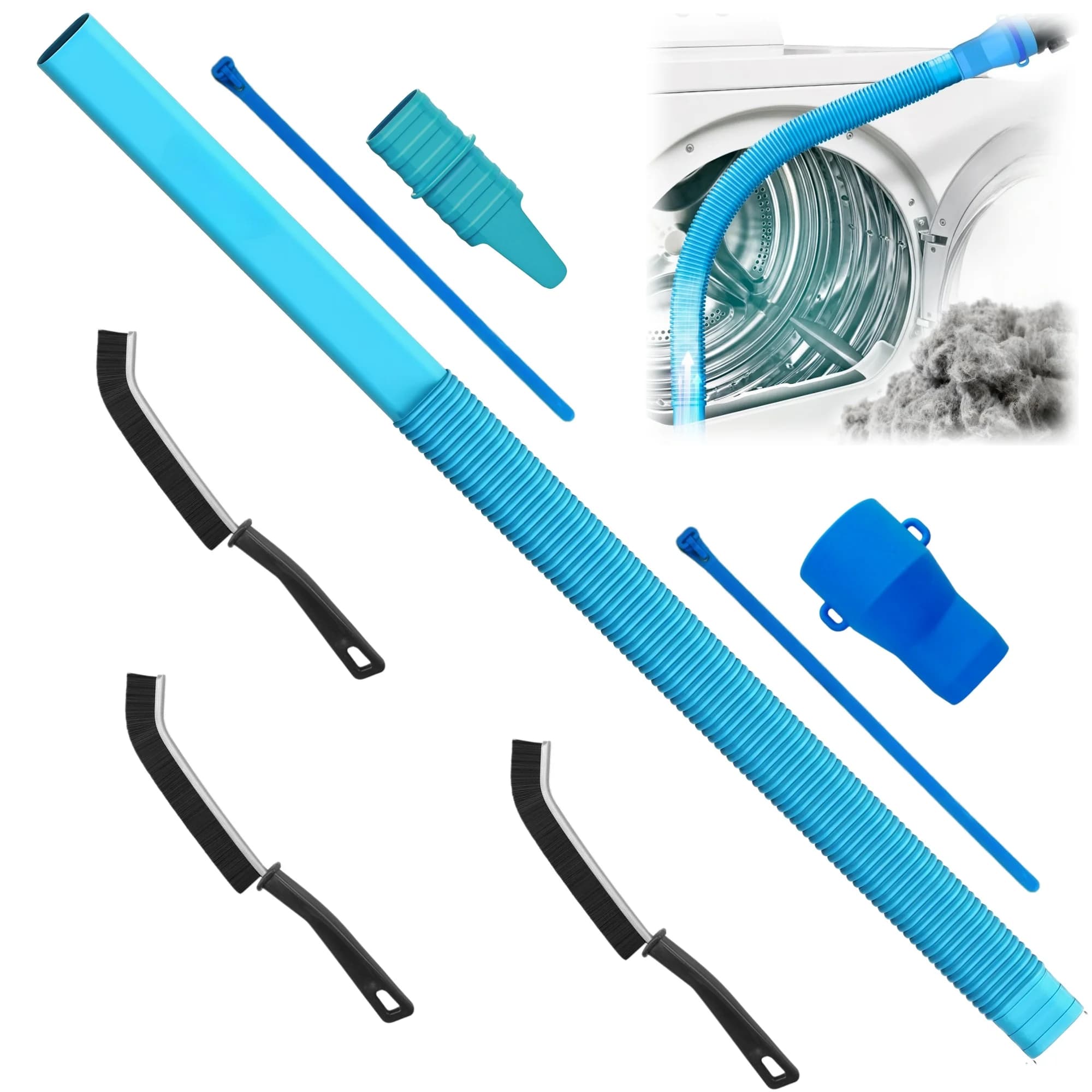 Upgraded Dryer Vent Cleaning Hose with Cable Tie Slots, 2 Cable Ties & 3 Crevice Brushes, Secure Lint Removal Vacuum Attachment