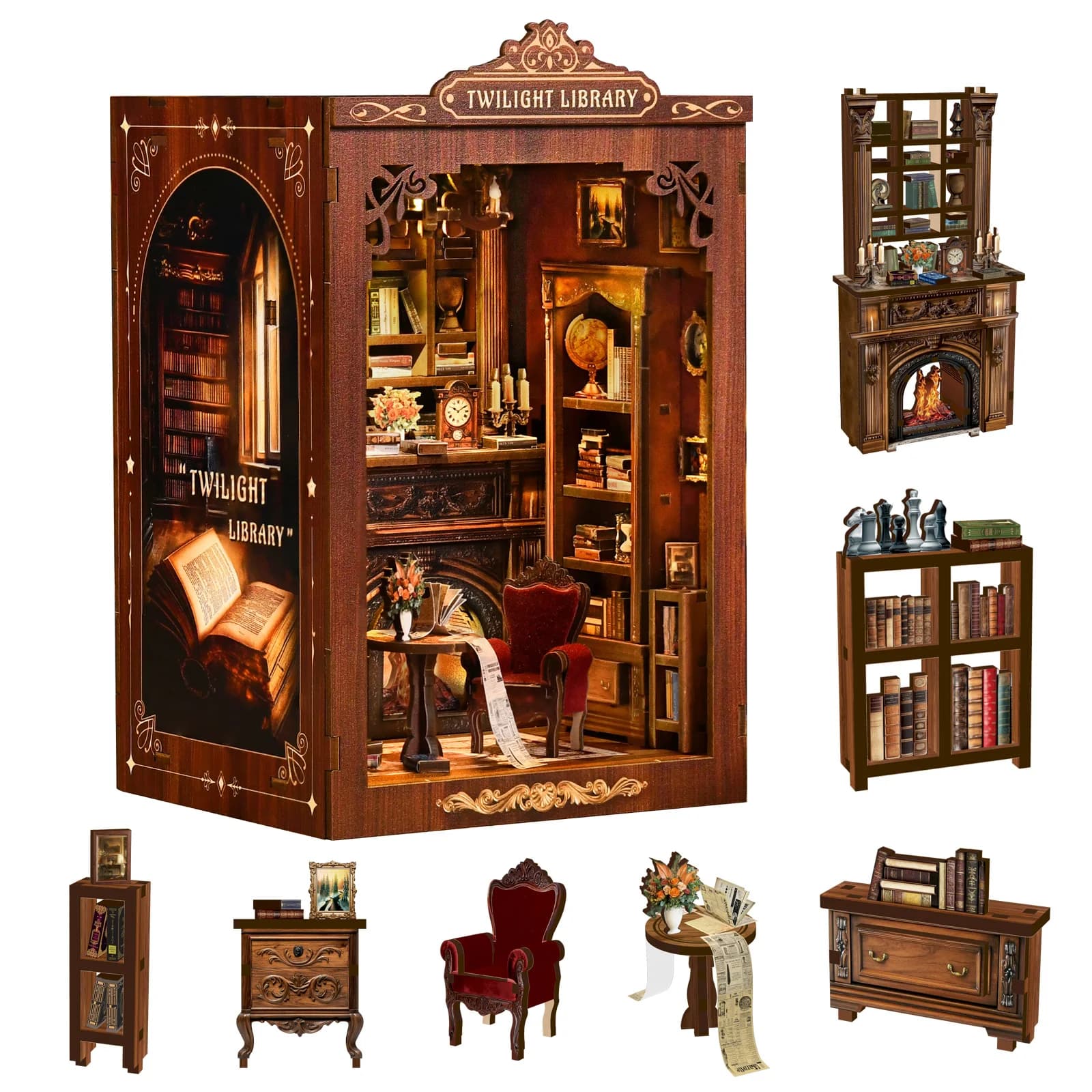 OUZEY DIY Book Nook Kit - TWILIGHT LIBRARY Wooden Bookend 3D Puzzle Assembly Dollhouses Handmade Toy Christmas Gifts Hobby