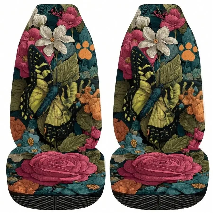 2-Piece Bohemian Butterfly Floral Print Universal Car Seat Covers, Washable Breathable Front Seat Protectors for Sedans SUVs