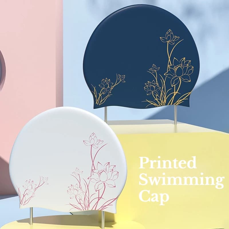 Lotus Printed Swimming Head for Long Hair Women, Silicone Enlarged Swimming Head, Swim Head with Ear Protection 2 Colors