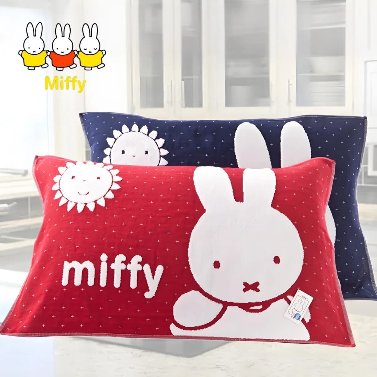Kawaii anime Miffy Rabbit Pillow towel All-cotton Pair Set Cartoon couple's home breathable and anti-falling off