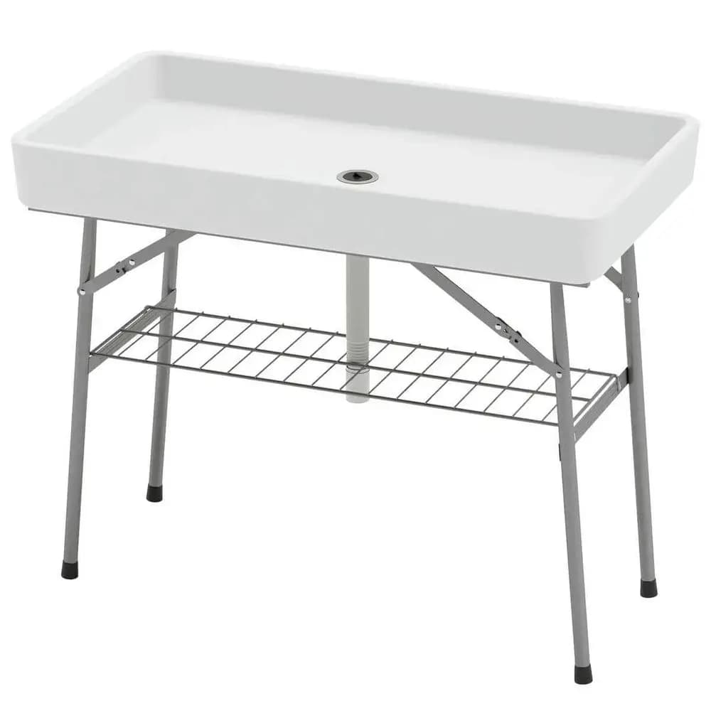 3.4 T olding Ice Cooler Table with Drain, ill and Chill Table Outdoor Table Cooler with Storage Shel, Drink Cooler, White