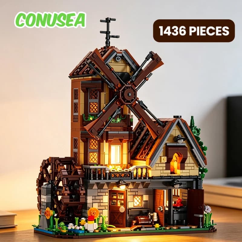 Wood Cabin Building Block Set Farm House Brick with Light Mechanical Rotating Windmill Waterwheel Castle Architecture Model Set