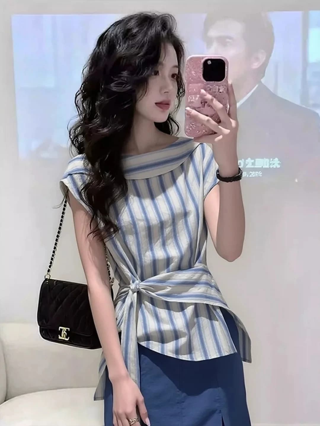 Summer 2026 Women's Slim Fit Striped Shirt Belted Waist Design Korean Style Commute Top Color Block Design Silk Material