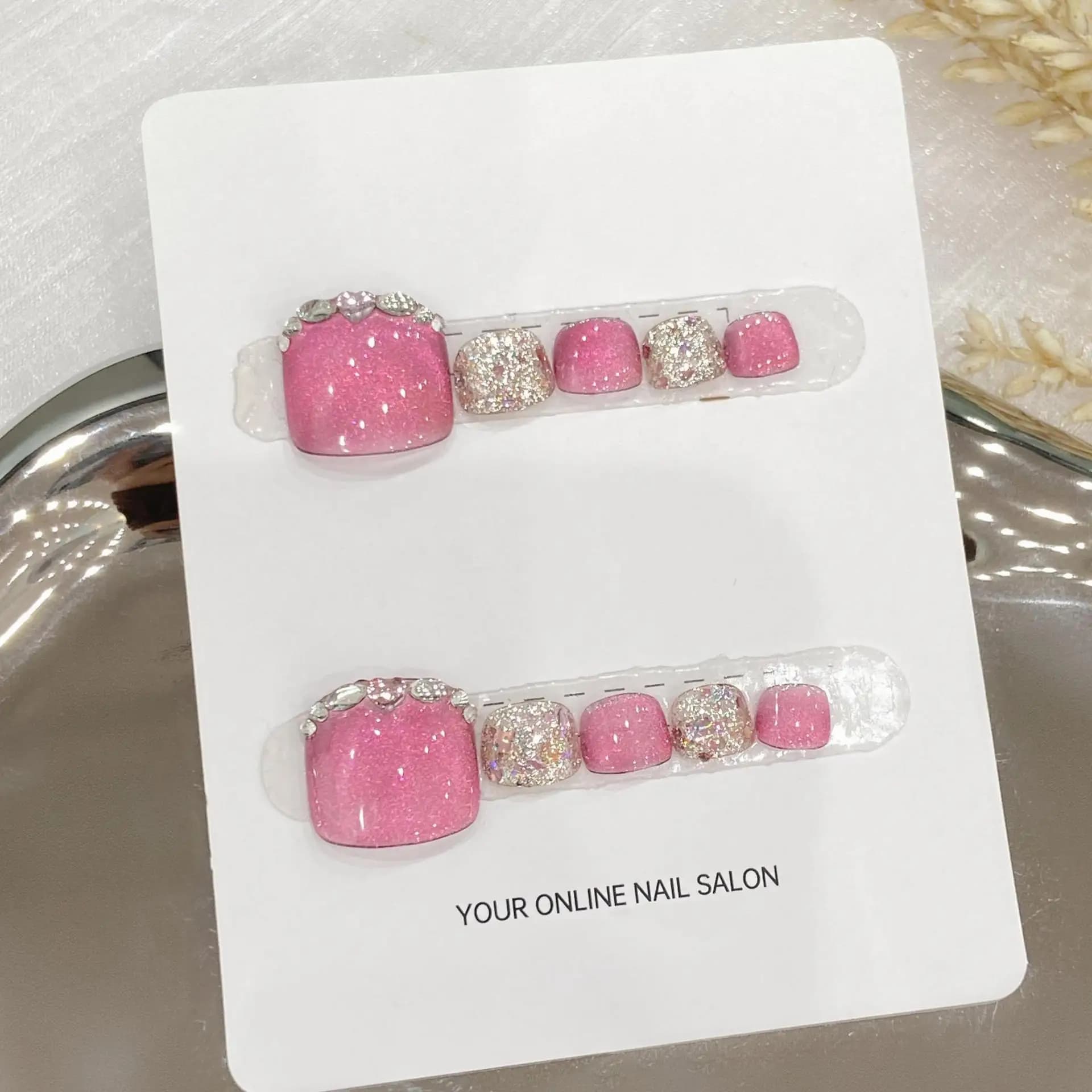 10 pieces of hand-made luxury fake nails, ROSE ROMANCE design, short square nails with 4 pieces of tools and adhesive glue for nails.