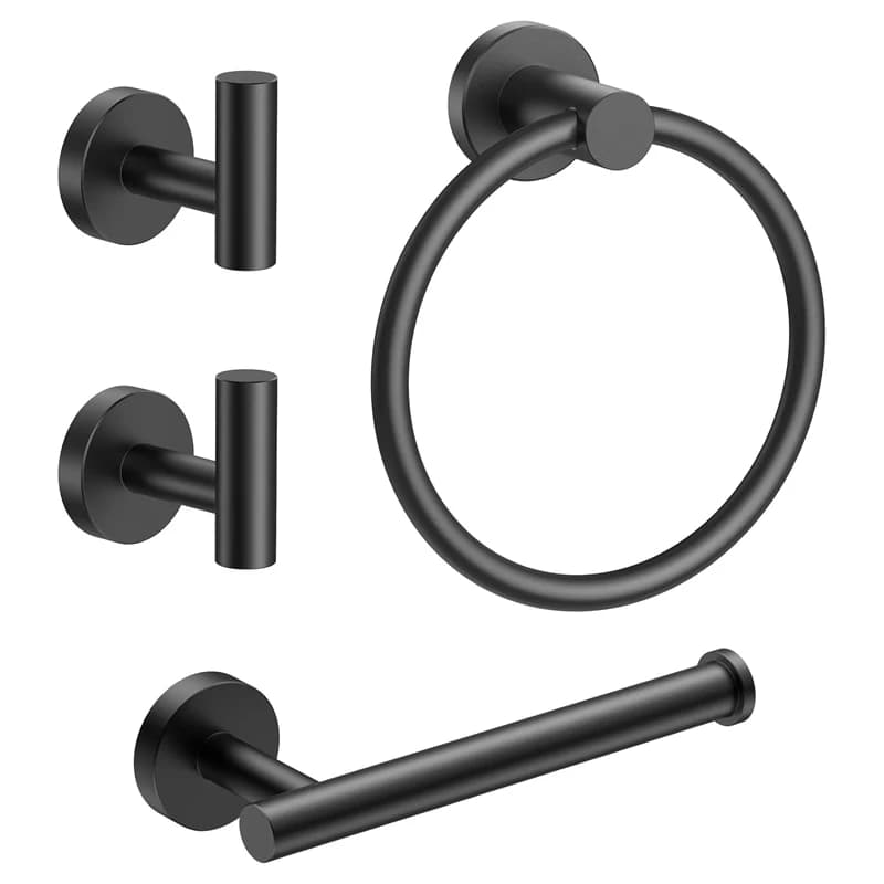 Set di accessori da bagno in 4 pezzi, porta carta igienica, anello porta asciugamani e 2 ganci per asciugamani, set di accessori da bagno a parete (nero)