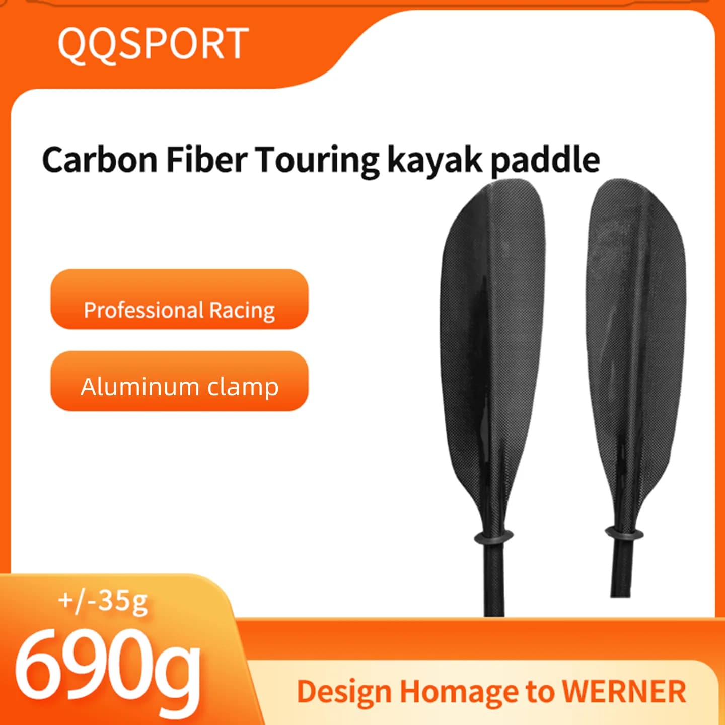 QQSPORT Paddle, WERNER Style homage,Full Carbon Fiber Recreational Kayak Paddle - Q33