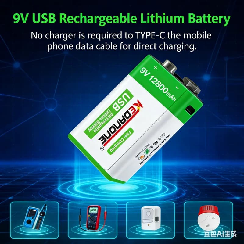 Batteria ricaricabile 9V 6F22 NI-MH 13800mAh per multimetro, microfono, chitarra, rilevatore di metalli, allarme antifumo + cavo di ricarica