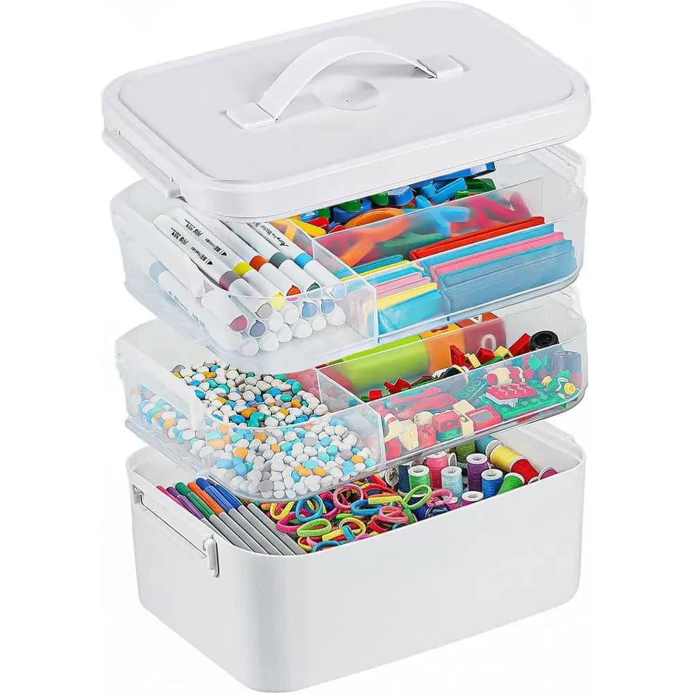 Organizzatori artigianali in plastica a 3 strati e scatola portaoggetti con vassoi rimovibili, contenitori portaoggetti con coperchi e maniglia, contenitori per forniture artistiche