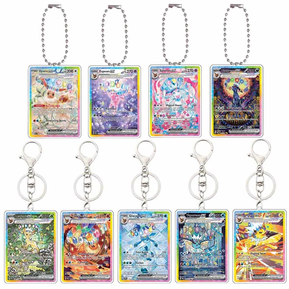 Pokemon Anime Portachiavi Sylveon Eevee Glaceon Espeon Flareon Vaporeon Jolteon Leafeon Portachiavi con ciondolo in acrilico a forma di carta da gioco