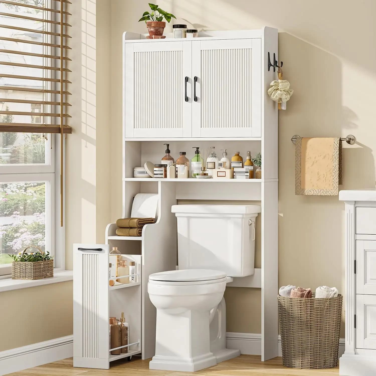 Fluted Over Toilet Storage Cabinet with Pulley, Open Shelves, Anti-Tip Bathroom Organizer with Toilet Paper Holder, White, Custo