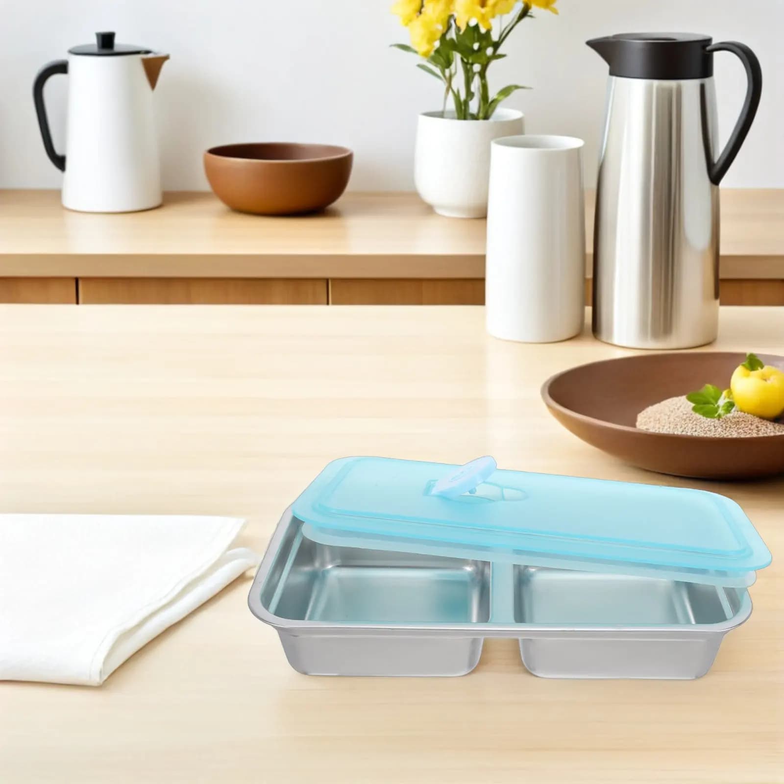 Set di 4 Contenitori per Pranzo Impilabili in Acciaio Inox, Ermetici, con Scomparti per Controllo Porzioni, Ideali per Scuola e Viaggi