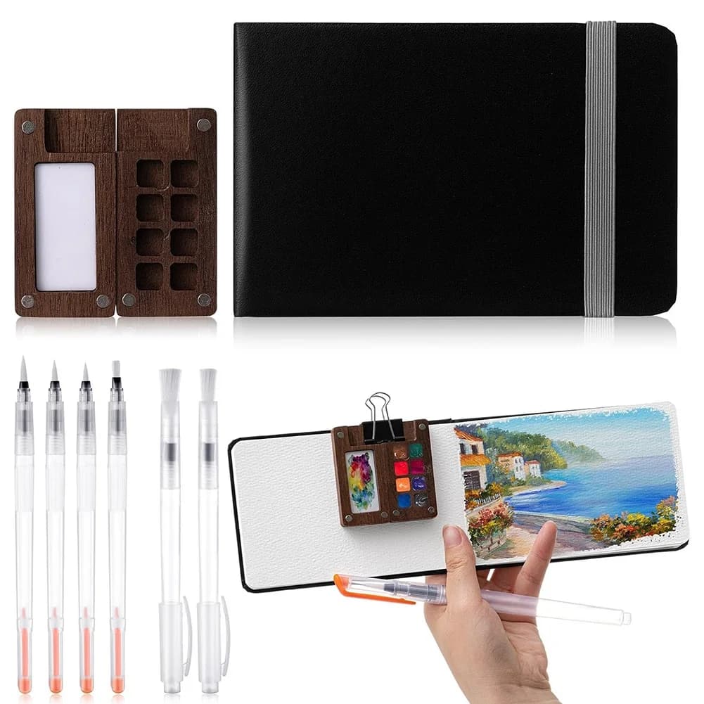AA63 HOT Mini Portable Watercolor Paint Set Travel Paint Palette Wooden Grid Paint Box, Pocket Watercolor Sketchbook Paper Pad
