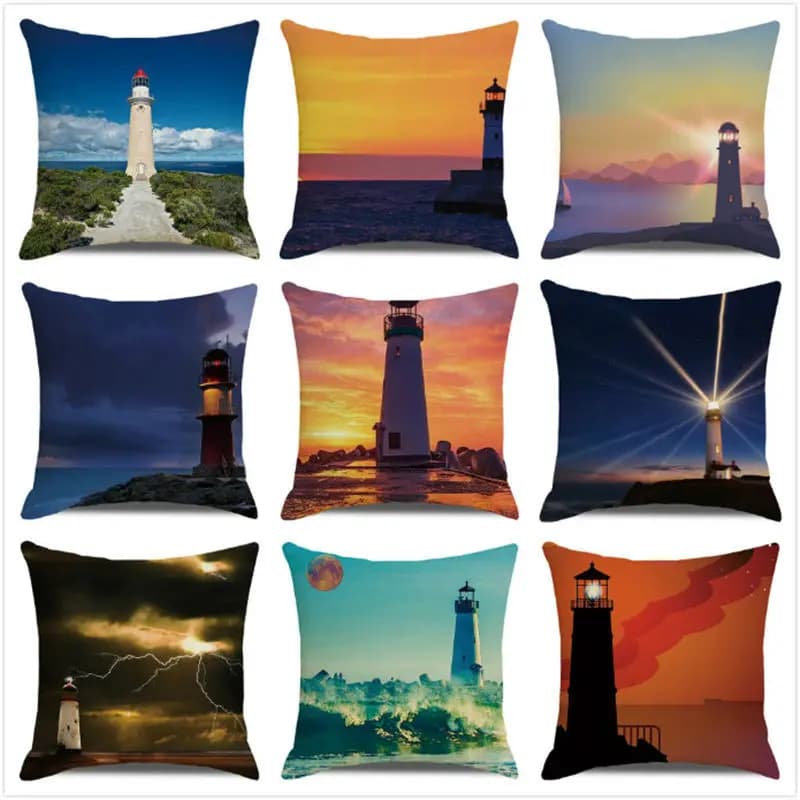 Watercolor Ocean Lighthouse Navigation Digital printing short plush pillow covers for car sofa office cushion cover home goods
